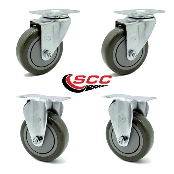 4 Inch Gray Polyurethane Wheel Swivel Top Plate Caster Set with 2 Rigid SCC